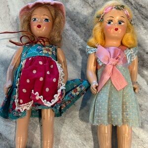 Vintage Style German Porcelain Dolls with Pink and Blue Dresses